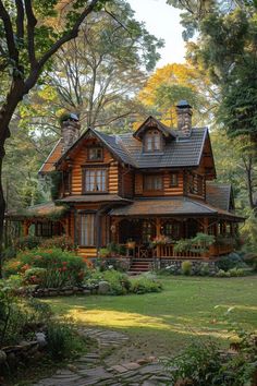 a large wooden house surrounded by trees and flowers