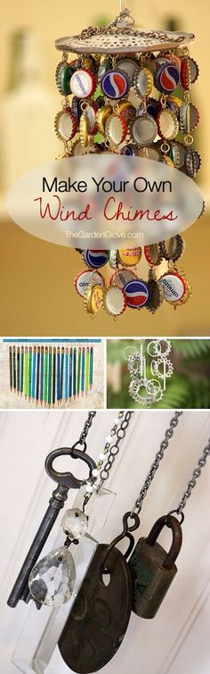 an assortment of bottle openers hanging from chains with the words make your own wind chime