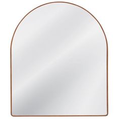 an arch shaped mirror with a brown frame on the top and bottom, against a white background