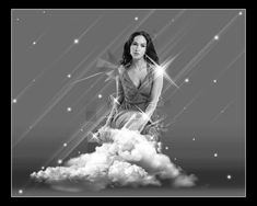 a woman sitting on top of a cloud in front of a sky with stars and clouds