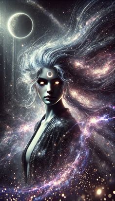 a woman with her hair blowing in the wind, surrounded by stars and lightening