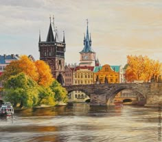 a painting of an old bridge over a river with boats on it and buildings in the background