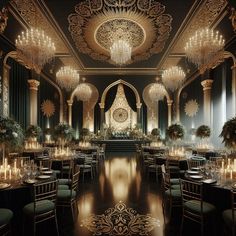 an elaborately decorated ballroom with chandeliers and tables