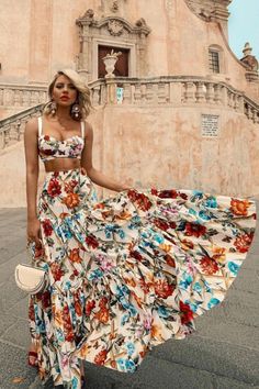 Maxi Skirt Boho, Ruffles Fashion, Top Skirt Set, Beach Maxi Dress, Floral Print Skirt, Boho Maxi Dress, Two Piece Dress, Types Of Skirts, Festival Outfit