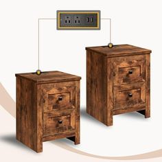 two wooden nightstands sitting next to each other