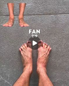 a man standing on top of a gray floor next to his feet and the words fan 90