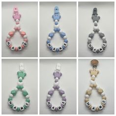 six different types of pacifiers with name beads on each bead and the word mama spelled in small letters