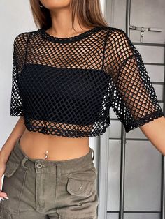 Black Sexy Collar Half Sleeve Mesh Fabric Plain  Embellished Slight Stretch  Women Clothing Diy Crochet Tank Top, Black Mesh Top Outfit, Shirts With Holes, Creative Clothes, Black Mesh Top, Pullover Outfit, Black Camis, Crop Top Outfits