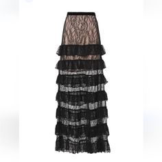 In Excellent Pre-Loved Condition. No Visible Signs Or Wear. Alexis "Vicky" Maxi Skirt In Lace With Velvet Waistband, Tiered Ruffle Trim, And Solid Pink Lining Through Thighs. High Rise; Sits Above The Natural Waist. Black Lace Maxi Skirt, Lace Maxi Skirt, Maxi Lace Skirt, Lace Maxi, Ruffle Trim, Black Lace, Blush Pink, Maxi Skirt, Womens Skirt