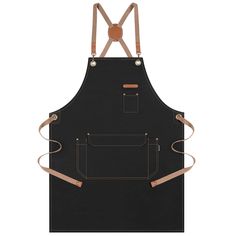 a black apron with brown straps on it