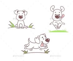 three cartoon dogs running in the grass with their mouths open and one dog jumping up