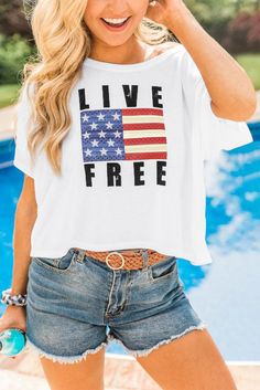 •This stylish live free patriotic tee is the perfect way to spice up your Fourth of July weekend celebrations •We love the bold lettering and design of this fashion tee - it's sure to shine •And the trendy cropped style is perfect for summer •The material is lightweight and soft - it's so comfortable to wear •You can easily layer this look with a lightweight cardigan for breezy nights Size Chart (CM) Sizes Bust Sleeve_Length Length Hem_Width Relax Relax Front Relax S 105 10.5 57 107 M 110 11 59 Patriotic Tees, Women's Outfits By Occasions, Live Free, Cropped Tee, Lightweight Cardigan, Cropped Style, Crop Tshirt, Crew Neck Tee, Spice Up