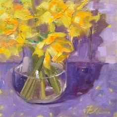 a painting of yellow flowers in a glass vase on a purple tablecloth with gold flecks