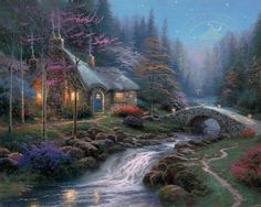 a painting of a cottage in the woods