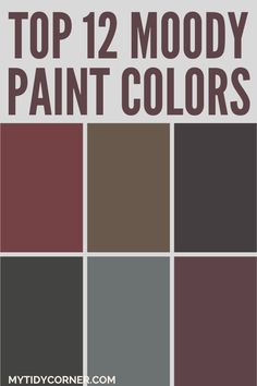 Collage of the top moody paint colors for your next home painting project. Sweet Molasses Behr Paint, Paint Colors That Go With Rust Color, Moody Home Paint Colors, Moody Mauve Living Room, Plum Suede Magnolia Paint, Sherwin Williams Fine Wine, Moody Nursery Paint Colors, Moody Painted Furniture, Muddy Paint Colors