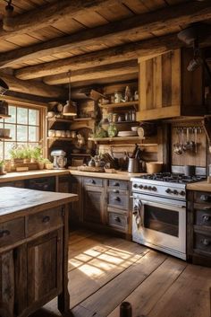 a rustic kitchen with an oven, stove and sink in the middle of the room