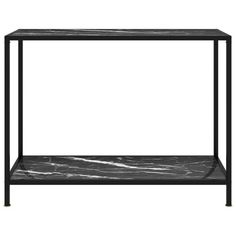 a black marble side table with metal frame and shelf on the bottom, against a white background