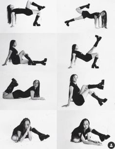 black and white photograph of woman doing different poses with legs spread out in the air