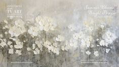 an abstract painting with white flowers in the foreground and words above it that read summer blooms, bright flowers