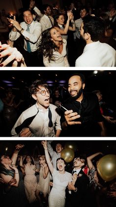 people at a party with balloons and confetti in the air, one man holding a microphone