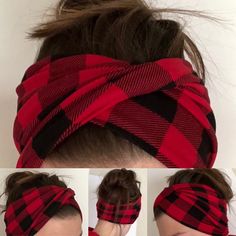 This stretchy women's headband in the timeless classic red and black buffalo plaid is incredibly useful, comfortable, and stylish. It looks great when you've put a lot of effort into styling you hair either up or down, and it's perfect for those "messy bun" days when you don't have quite enough time to make your hair perfect.  This particular material has a "brushed" finish which makes it extremely soft to the touch and wonderfully cozy.  It can be worn many different ways as shown in the photos. With the twist in the front or side it makes a great headband; put the twist in the back, and you've got a hat with the opening in the back for a pony tail or bun; pull it down to your neck and you have a cute cozy cowl. It can easily be folded to adjust the band width to suit your desired look. I Fleece Projects, Headband Diy, Fleece Hats, Headband Turban, Hair Fixing, Stretchy Headbands, Diy Headband, Slouchy Hat, Turbans