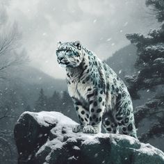 a snow leopard sitting on top of a rock in the middle of a snowy forest