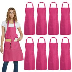 a woman wearing an apron with six different colors