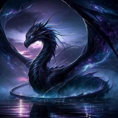 a black dragon sitting on top of a body of water under a purple and blue sky