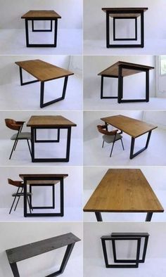 several different angles of a table made from metal, wood and plexed wood