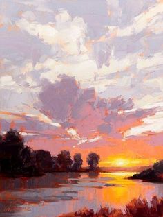 an oil painting of a sunset over a lake