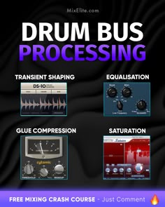 various types of music equipment with the words drumbus processing on it and below them