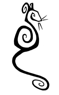 a black and white drawing of a cat's head with its tail curled up