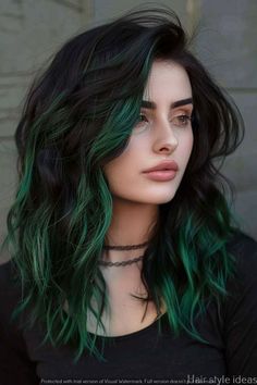 Hair Dye Colors For Dark Hair, Dark Green Hair With Black, Dark Hair Colors Ideas, Brunette And Green Hair, Dark Moss Green Hair, Green Hair Ideas For Brunettes, Black Hair With Green Tips, Green Hair With Black Roots, Black And Emerald Green Hair