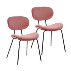 two pink chairs sitting next to each other on top of a white surface with black legs