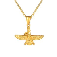 PRICES MAY VARY. Size - pendant 1.34 inch x 1.3 inch(H*W). Thickness: 3mm 3mm Rope chain included with the charm pendant: 2.5mm wide rolo link chain length 20-22 inches long. Material - stainless steel based, 18k gold plated; Ancient symbol - Farvahar symbol- one of most ancient sign in Egypt or Iran, comprised of a sun disk with wings spread out on either side, and a seated male figure at the center -representing the divine power of the king. it is also an Symbol of Zoroastrianism. Come with 1 Persian Jewelry Iran, Iran Necklace, Divine Power, Black Packaging, Symbol Necklace, Leather Corded Necklace, Ancient Symbols, Male Figure, Velvet Pouch