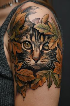 a cat with leaves around it's head and eyes on a woman's shoulder