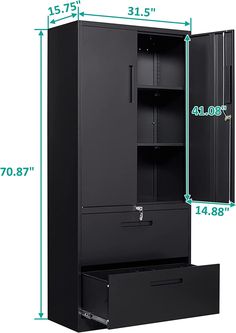 an image of a tall black cabinet with drawers and measurements for the bottom drawer area