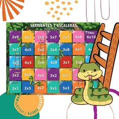 a snake is sitting on a chair in front of a calendar with numbers and symbols