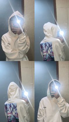 four images of a person wearing a hoodie and holding a cell phone up to their face