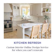 a kitchen with white cabinets and wooden chairs