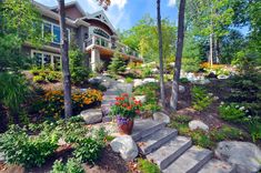 a large house surrounded by trees and flowers