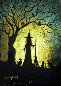 a painting of witches and pumpkins in front of a tree