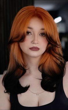 A Gorgeous orange with black tips Black Red Orange Hair, Copper And Black Color Block Hair, Hair Colour Ideas Orange, Ginger With Black Tips, Black Hair With Orange Tips, Fox Inspired Hair, Vibrant Red Hair Color Ideas, Orange Hair With Black Tips, Orange Hair Black Tips