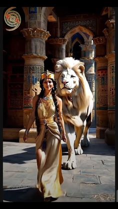 a woman is walking next to a lion