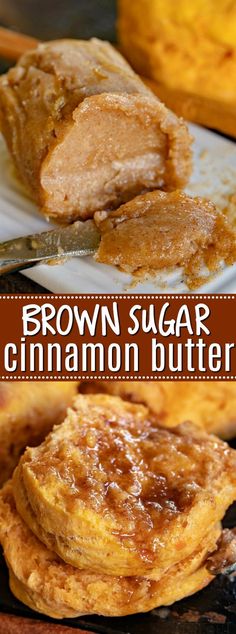 brown sugar cinnamon butter pancakes are stacked on top of each other with the words, brown sugar cinnamon butter pancakes