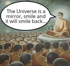 an image of a buddha sitting in front of a group of people with speech bubble