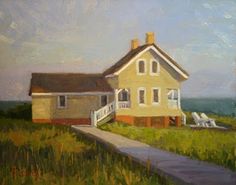 an oil painting of a house on the side of a road with lawn chairs in front of it