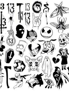 an image of various halloween tattoos on a white background with black and white inks