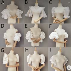 several images of different types of mannequins with ruffled sleeves and bows