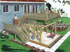 an artist's rendering of a house with children playing on the deck and in the yard